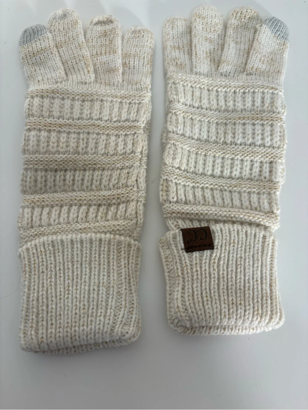 C.C Cream Knit Finger Gloves with Gray Touch Tips
